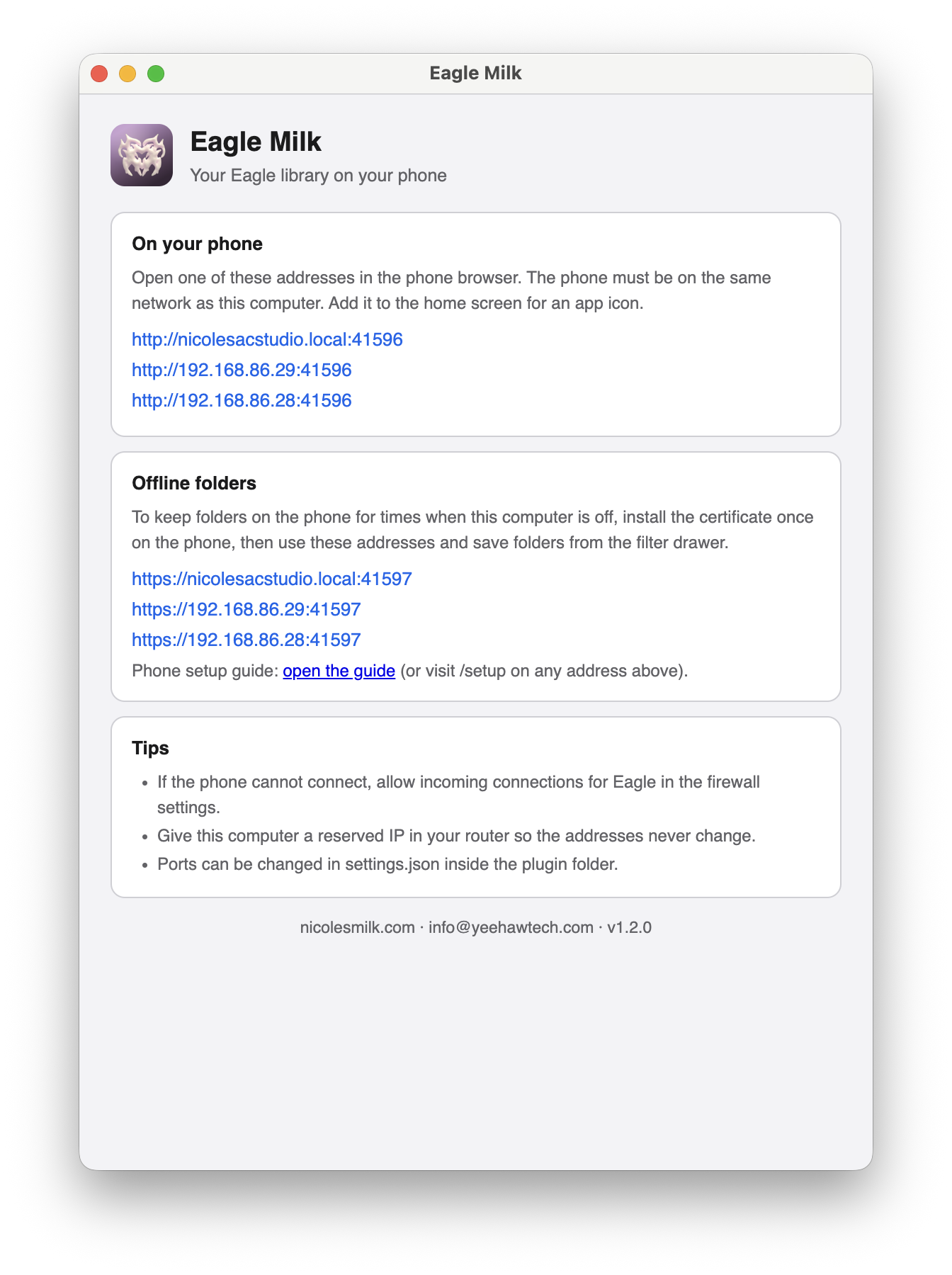 the eagle milk plugin window